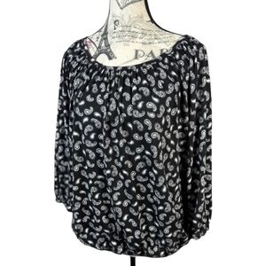 Michael Kors Black White Paisley Peasant Blouse M | Smocked Elastic Hem Top